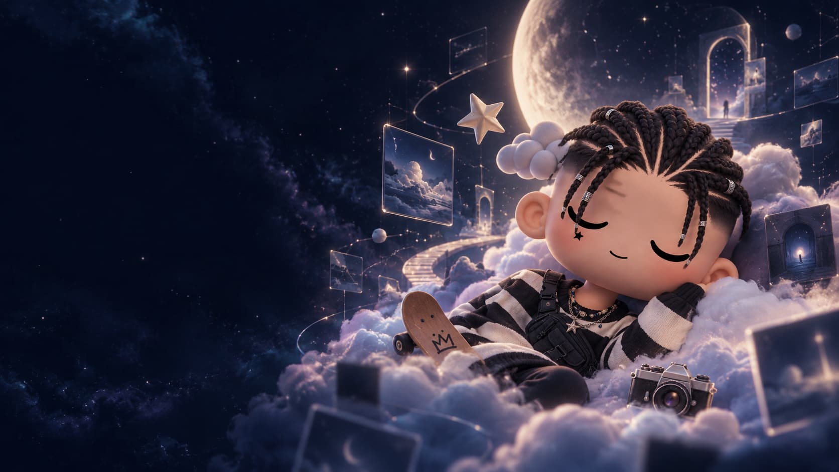 Nyx, a small sleeping figure with braided hair, resting on clouds beneath a giant moon, surrounded by floating dream doorways and photographs